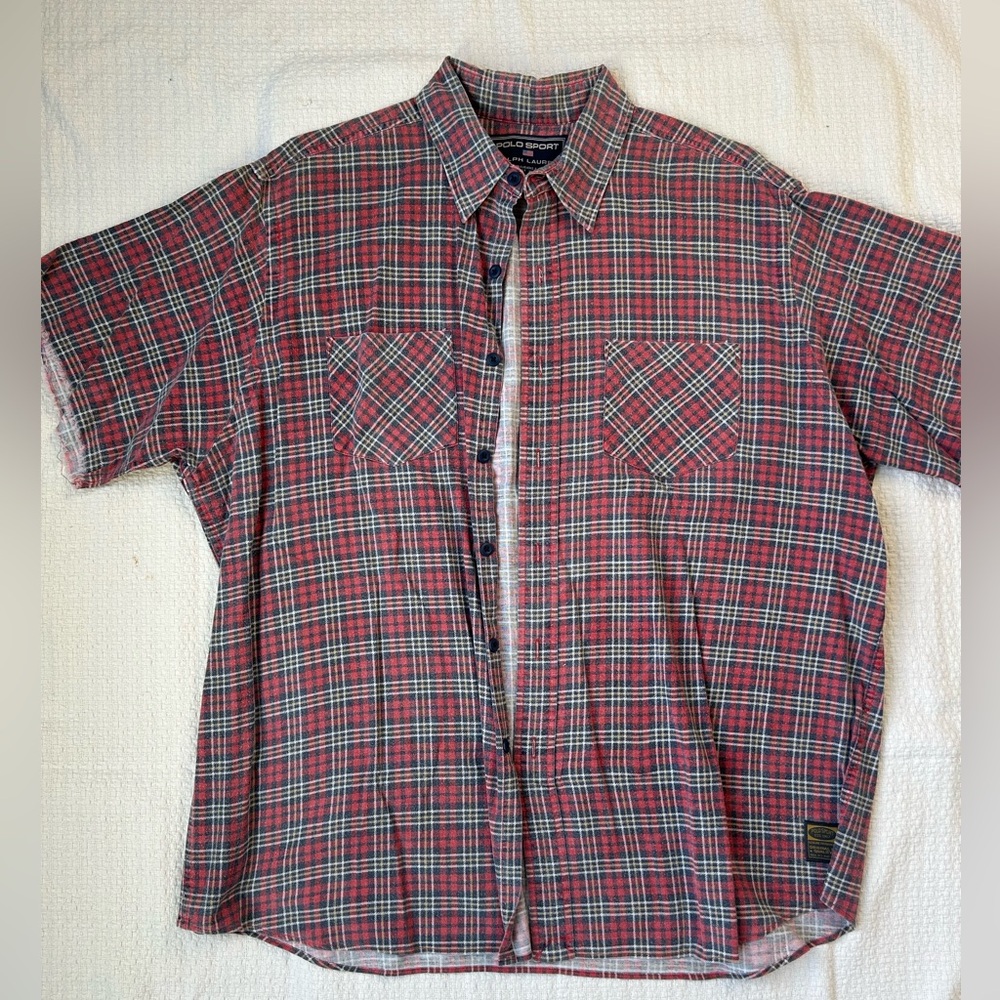 Polo Sport Red Yellow and Black Patchwork Short Sleeve Flannel Shirt XL